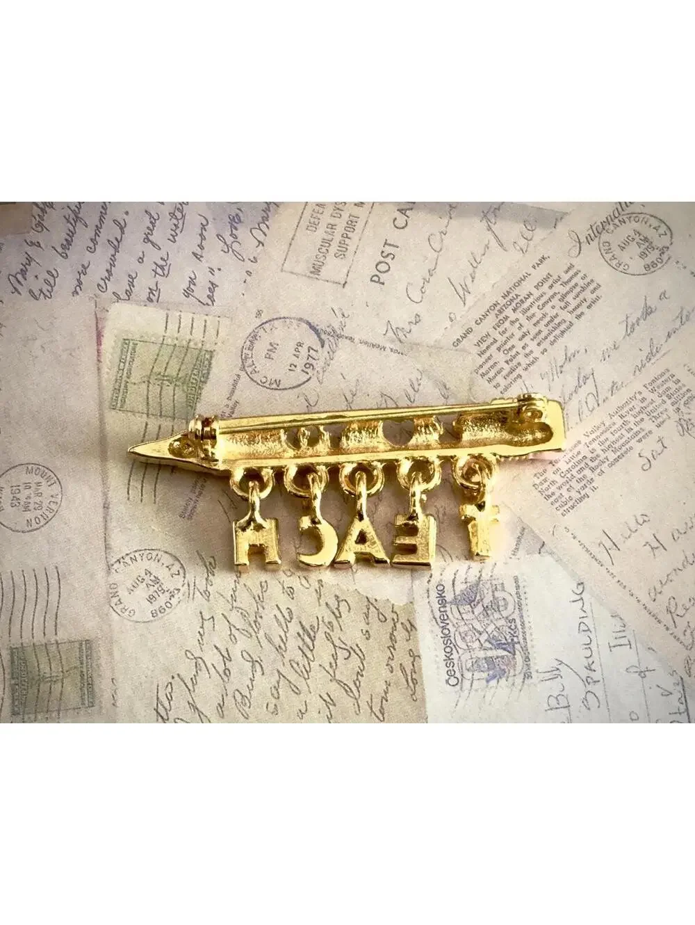 Vintage “I <3 TEACH” Gold-Tone Pencil Brooch with Dangling Letters